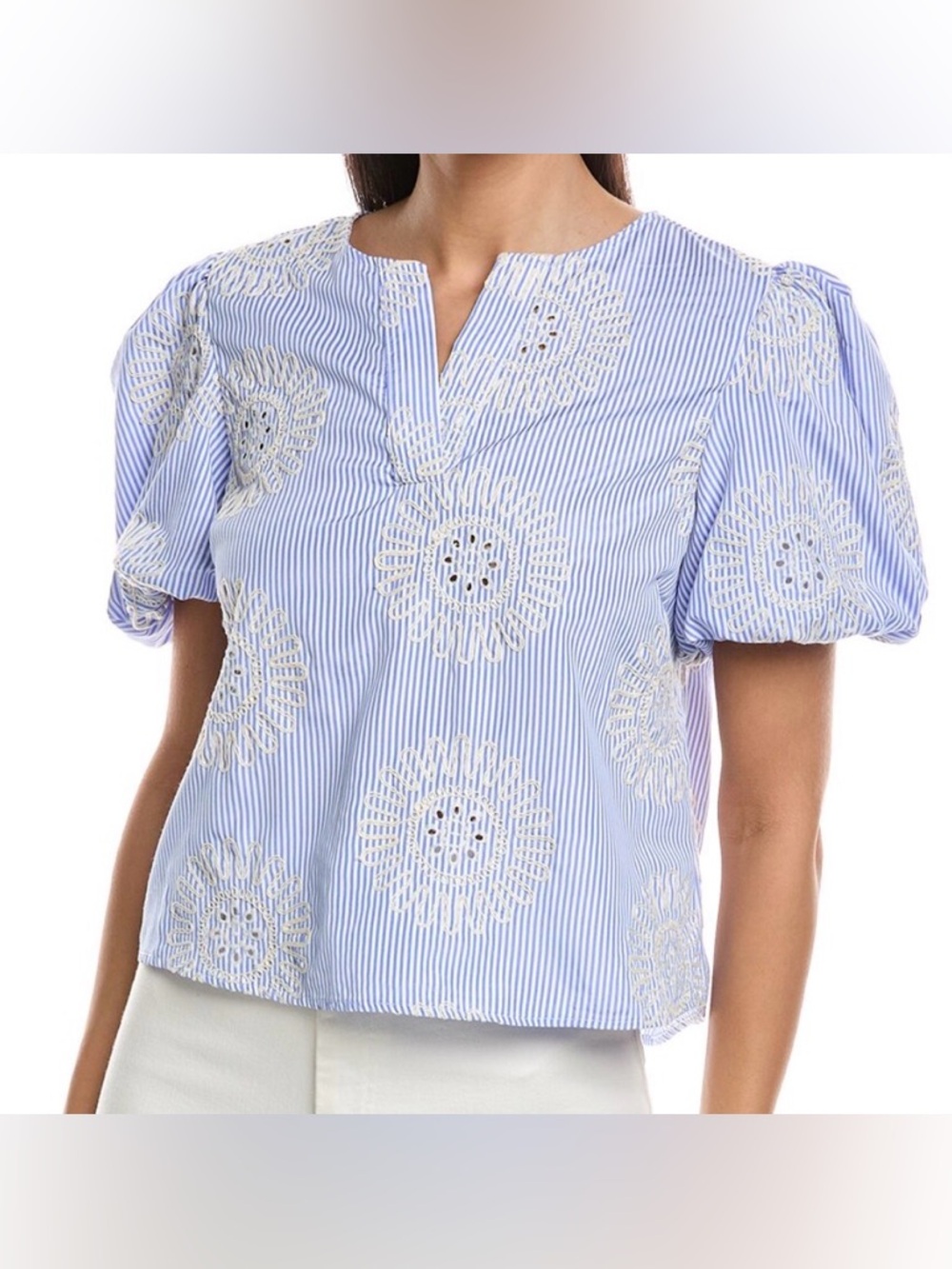 Nanette Lepore Blue & White Striped Embroidered Blouse – NWT S